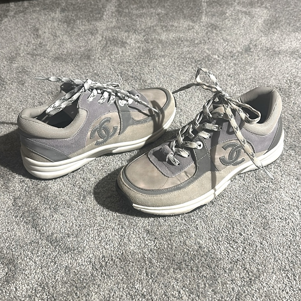 CHANEL SIZE 38 (7/7.5US) grey suede sneakers